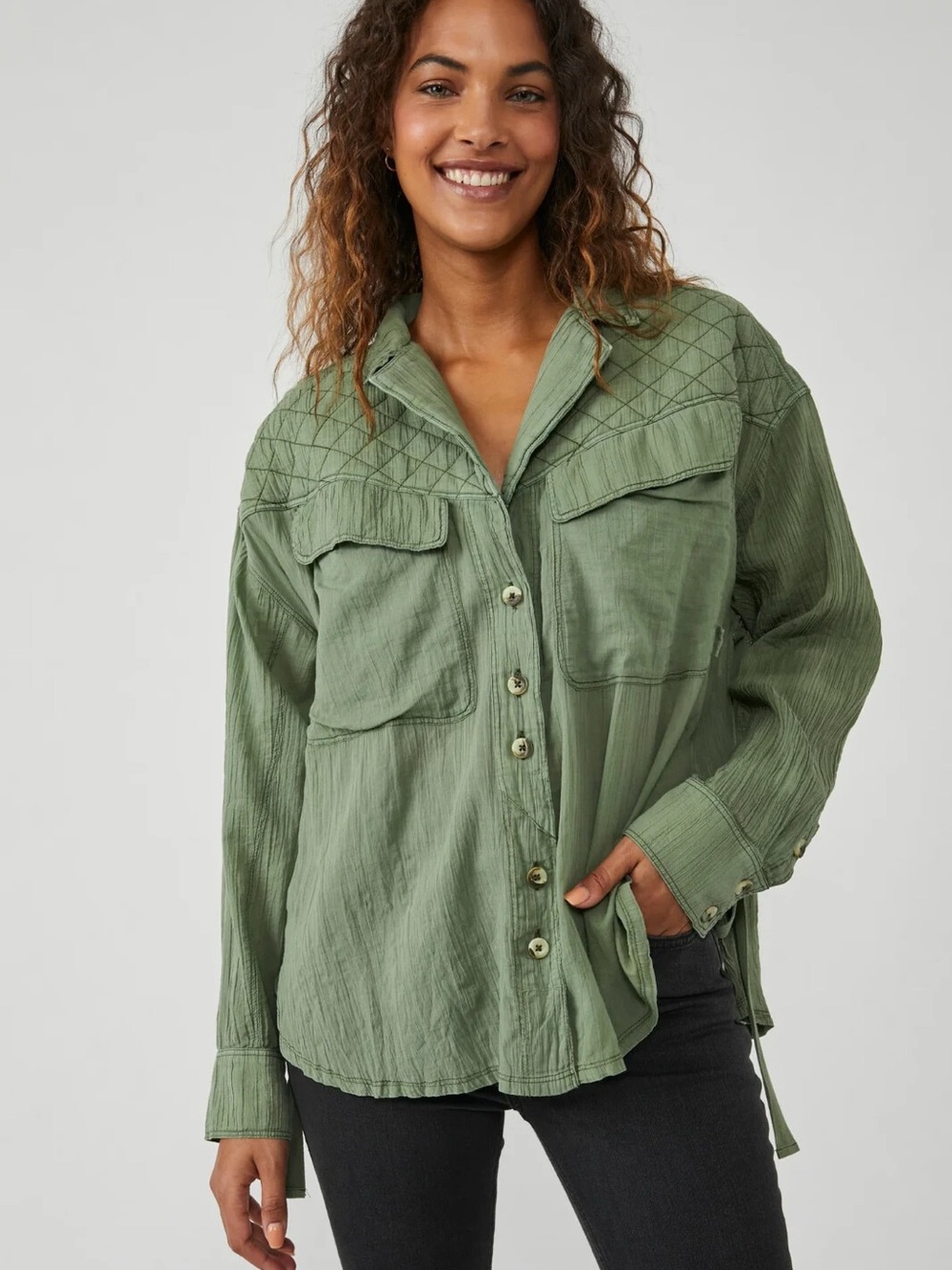 We The Free Free People Silver Lining Quilted Shirt Ferngully Green Size M